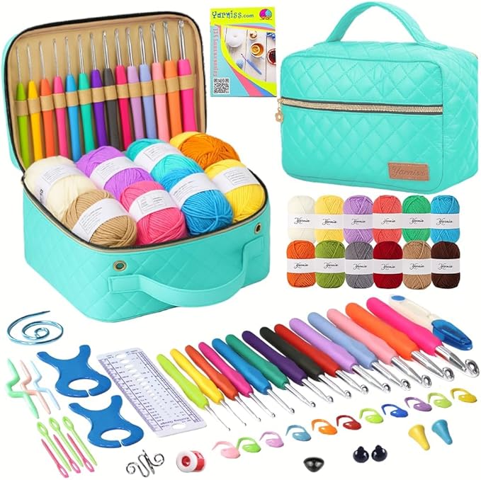 yarniss crochet kits for beginner, all-inclusive crochet kit for adults with 14 size ergonomic crochet hooks,12 crochet yarns balls & crochet bag,bright blue