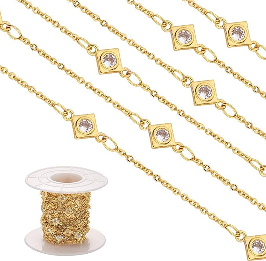 3.28 Feet 1M Clear Cubic Zirconia Rhombus Link Chains Gold Plated Cable Link Chain Unwelded Metal Chain for Jewelry Necklace Making Crafts