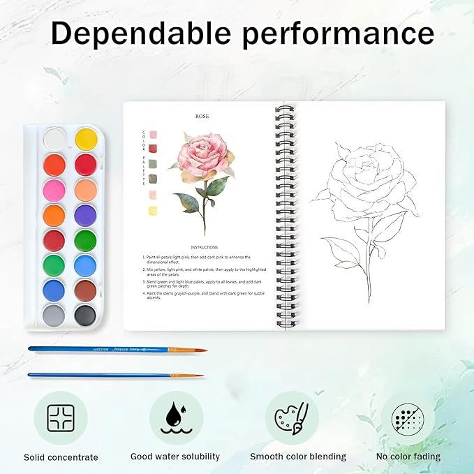 Watercolor Workbooks, 16 Colors Water Color Books Paint Set for Adults, Watercolor Coloring Book for Beginners, Water Color Workbook, 15 Beautiful Paintings for Beginners (Plants)