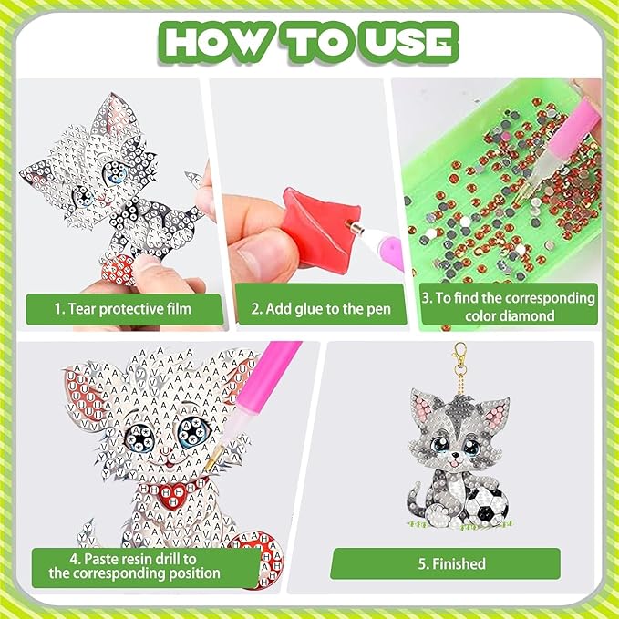 Masendp 8 Pieces Diamond Painting Keychain Animal Style Diamond Art Jewelry Double Sided 5D Diamond Painting Kit for Beginners Adult DIY Art Craft Gifts Home Decor (Football & Cat)