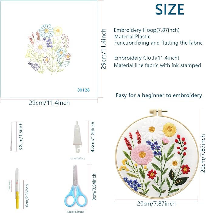 Zhenqing 4-Piece Floral Embroidery Kit for Beginners - Complete Set with Sunflower, Daisy Designs & Pre-Printed 29x29cm Cotton Fabric, Hoop, Threads & Tools(C0166)
