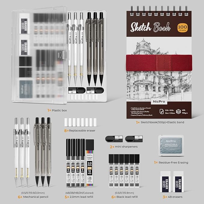 Nicpro 26PCS Art Drawing Supplies Kit, Mechanical Pencils Set 0.5, 0.7, 0.9 & 2mm, 100 Sheets Sketch book, 172PCS Lead Refills, School Supplies Gifts for Artist Adults Teens Girls Boys Sketching