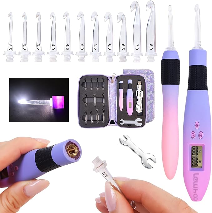 Lewhoo Lighted Crochet Hooks Set, 11 Size Light up Rechargeable Crochet Needle for Fluffy Yarn with Counter 2.5-8.0mm, Ergonomic Handle with Screw Gradiant Purple Glow in Dark
