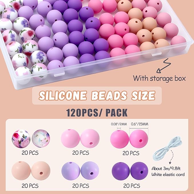 120 Pcs 15mm Silicone Beads for Keychain Making Bracelets Pink Purple Printed 6 Mixed Colors Silicone Round Beads Bulk for Crafts Pens Making