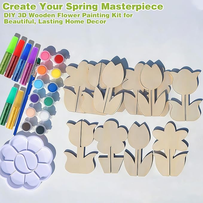 Mykzarpnix Wooden Flower Painting Kit, 12 Unfinished Wood 3D Flowers to Paint, DIY Spring Craft Set for Adults and Family, Blank Tulip Wood Cutouts for Home Decor, Tabletop Mantel Display