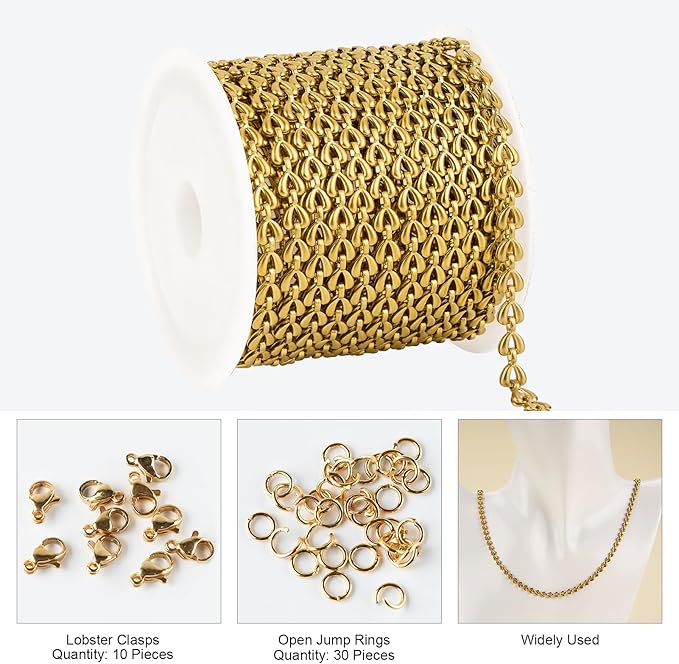 Kyutong 5M/16.4FT Stainless Steel Jewelry Making Supplies Gold Plated Chains Bulk Hollow Heart Chain Links on Spool with Lobster Clasps Jump Rings