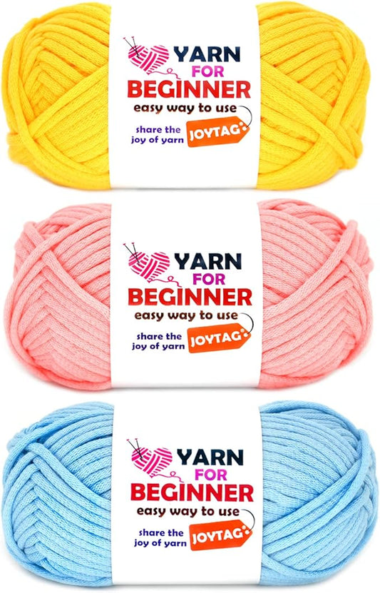 Yarn for Crocheting and Knitting Cotton Crochet Knitting Yarn for Beginners with Easy-to-See Stitches Cotton-Nylon Blend Easy Yarn for Beginners Crochet Kit(3x50g)-Yellow+Pink+Blue
