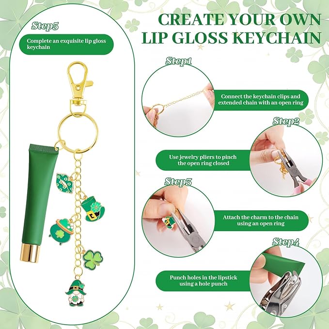 PYURTHITY 254 Pcs St Patrick's Day Charms Lip Gloss Keychain Making Kit Include St Patrick's Day Enamel Charms Keychain Clips Extender Chains Jump Ring Plier DIY Jewelry Crafts Gifts for Women Adults