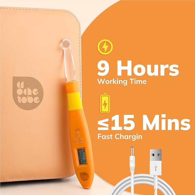 PP OPOUNT 18 Sizes Light Up Crochet Hook Set (2.0–14.0mm) - Plastic Rechargeable Lighted Hooks with LED & Digital Counter, Sliver Crochet Tools and Orange Counting Crochet Hook（Ambidextrous