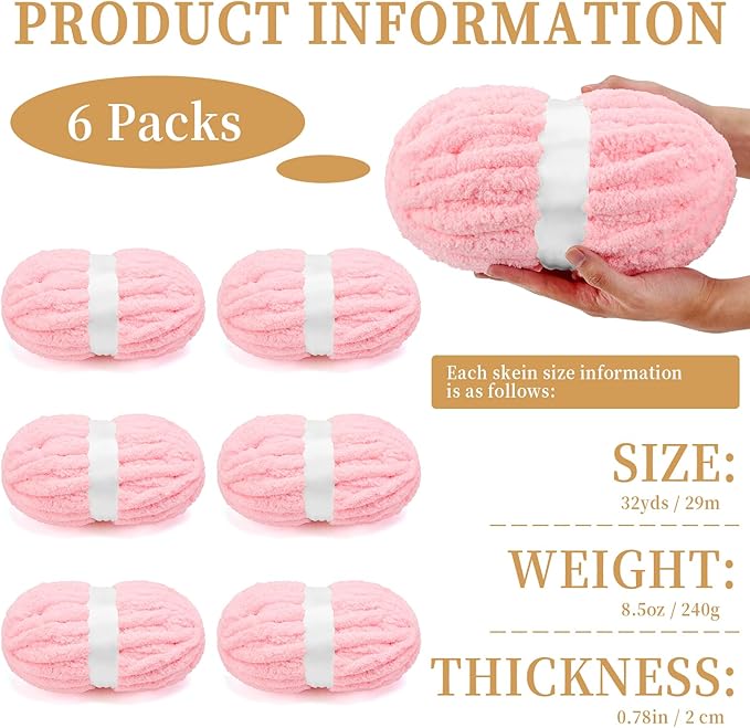 Chunky Chenille Yarn for Crocheting/Arm Knitting, Super Soft Jumbo Knit Blanket Yarn Pink 6 Pack (32 yds, 8.5 oz Each Pack)