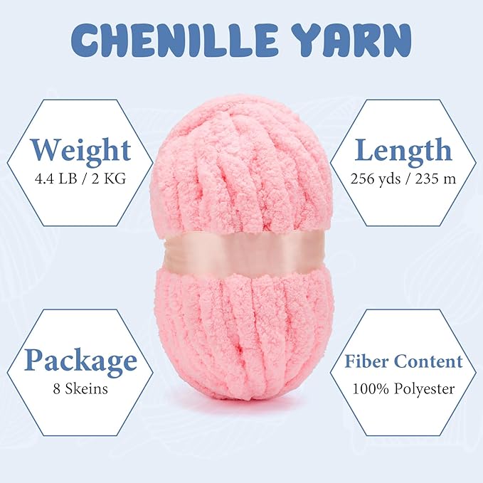Chunky Yarn for Hand Knitting, Jumbo Chunky Yarn for Crocheting, Chunky Chenille Yarn, 8 Pack (32 yds 8.5 oz Each Skein),#7, Pink