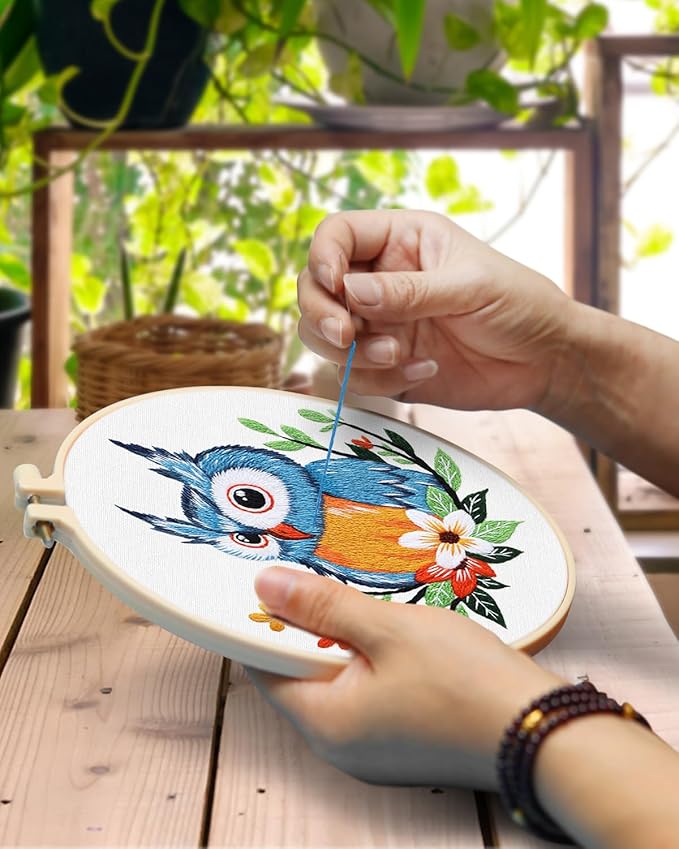 TINDTOP Embroidery Kit for Adults, Owl Embroidery Practice Kit for Adult Beginners Include Embroidery Cloth Hoops Threads for Craft Lover Hand Stitch with Embroidery Skill Techniques