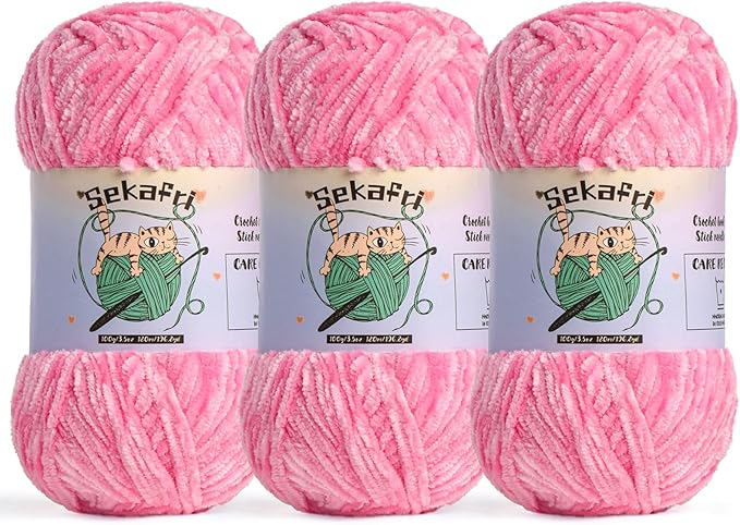 3 Pack of 300g (590yds) Fuzzy Chenille Yarn for Crocheting,Fluffy Amigurumi Crochet Yarn for DIY Craft/Hat/Clothes, Soft Velvet Baby Blanket Yarn（3 Rose）