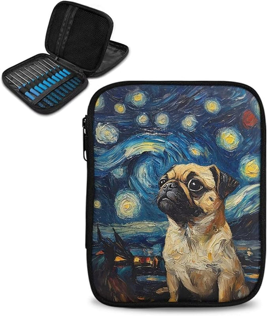 Hechitok Starry Night Bulldog Knitting Needles Case Empty Zipper Bags Organizer Portable Travel Crochet Hook Storage Bag with Web Pocket for Carrying Various Crochet Needles