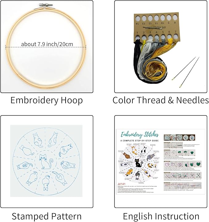 Louise Maelys Cats Beginners Embroidery Kits,Cross Stitch Starter Kit for Adults with Cloth Hoop Needles Instruction and Threads