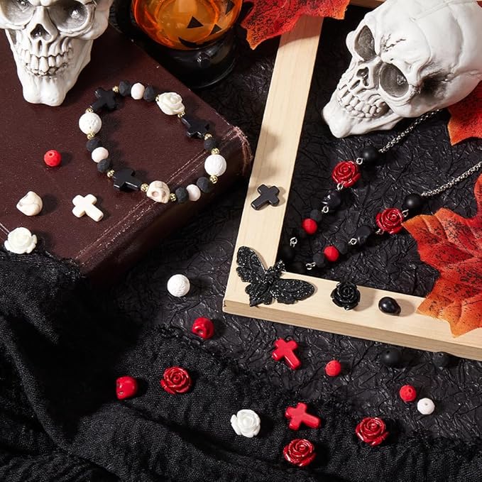 SUNNYCLUE 227Pcs Halloween Beads Kit - Mixed Stone - Skull, Rose, Cross, Round Shapes - DIY Jewelry Making Kit - Adults - Mixed Color