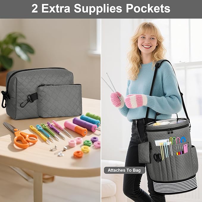 IBFUN Crochet Yarn Knitting Bag 3PCS - Expandable Yarn Storage Organizer Crocheting Bag with Accessories Cases Adjustable Strap for Hooks, Needles, Accessories, Crochet Lovers, Supplies, Beginners