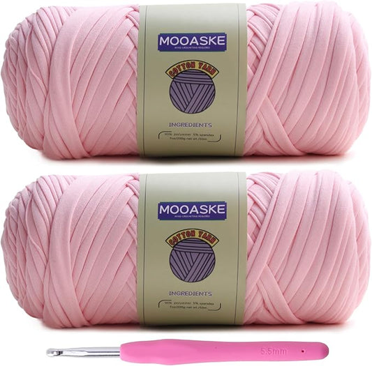 2 Pack T-Shirt Crochet Yarn for DIY Knitting Crochet Cloth Blanket Bag Dolls - 400g Chunky Thick Yarn for Crocheting with Polyester-Spandex Blend Elastic Fabric (Pink)