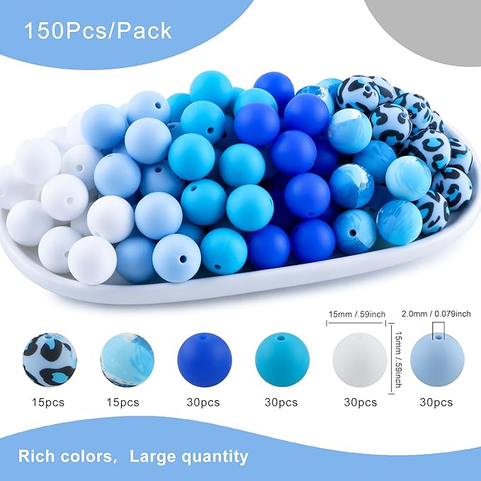 150Pcs Mixed Color 15mm Silicone Beads for Keychain Making, White Blue Leopard Print Silicone Beads for Pens and Bracelet Jewelry Making