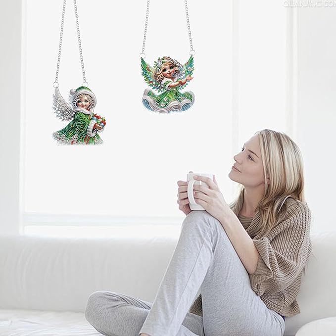 LazyFold 2 Pcs DIY Acrylic Diamond Art Painting Pendants Kits, Angel Special Shaped Rhinestone 5D Diamond Art Window Pendants Home Garden Wall Hanging Ornament Kits Gifts
