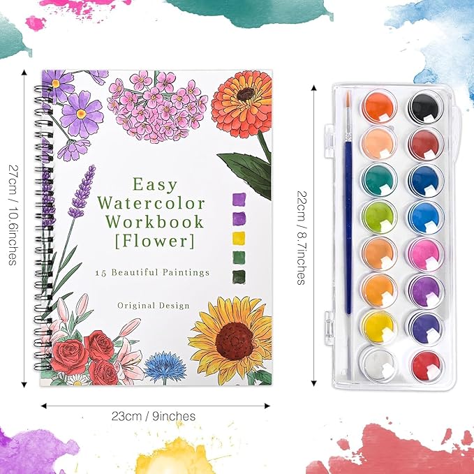 Watercolor Workbook,15 Flower Patterns of Original DIY Designs,16 Colors Watercolor Paint Set with Brush Palett,Beginner-Friendly Water Color Workbooks,Water Coloring Book for Adults