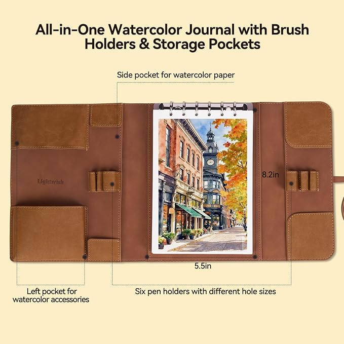 LIGHTWISH Watercolor Pad - A5 20 Sheets 100% Cotton 300GSM Cold Press Paper | Detachable with Backing Board | All-in-One Travel Watercolor Journal with Brush Holders & Storage Pockets