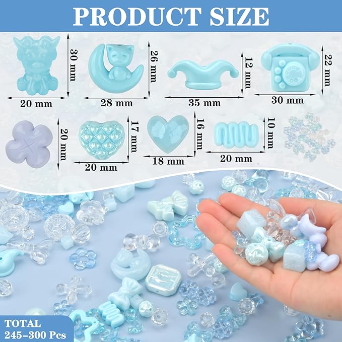 ABONDEVER 245-300Pcs Assorted Acrylic Beads for Bracelets Making Cute Star Bow Flower Candy Heart Gummy Bear Butterfly Beads for DIY Jewelry Crafts Keychain Necklace Phone Charms(Blue)