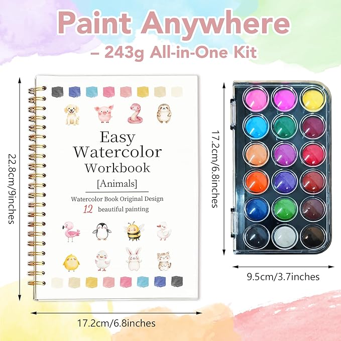 Easy Watercolor Workbook for Beginners - 12 Beautiful Step-by-Step Paintings Water Coloring Book, Includes 18 Colors Paints, Relaxing Art Projects and Creative Gift for Adults & Teen (Animals)