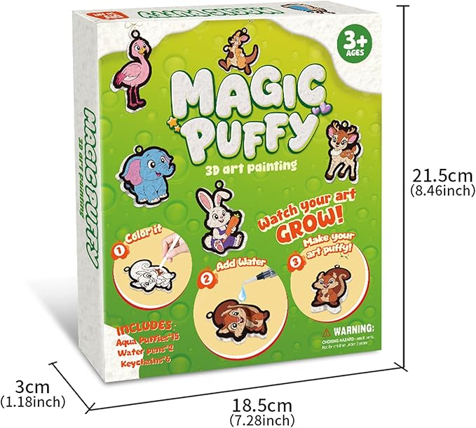 3D Art Kit Aqua Magic Puffs Animals, 15 Mess-Free Paint by Number Craft for Kids, DIY Coloring Kits,Christmas&Travel Gifts & Stocking Stuffer for Girls and Boys, Art Projects with Puff Markers