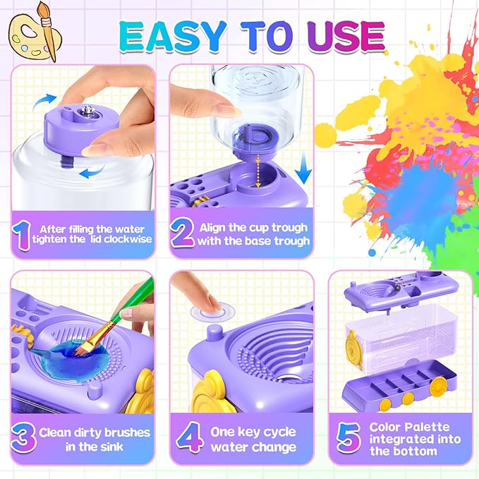 Paint Brush Cleaning Kit for Kids with 5 Brushes, Art Smock, Washable Mat, Guidebook, Spiral Brush Cleaner Jar for Watercolor(Purple)