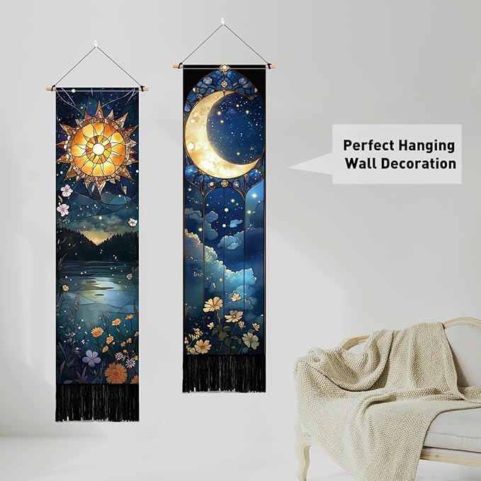 PLIGREAT 2 Pack Sun Moon Tapestry with Tassels, 52" x 13" Stained Glass Aesthetic Wall Hanging Vertical Flower Home Art Tapestry for Bedroom Living Room Bathroom Long Narrow Wall Hanging Art Decor