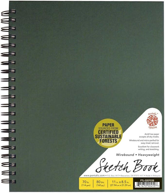 Pentalic - 8.5"x 11" Double Wirebound Hardcover Sketchbook, 80 Sheets, Green