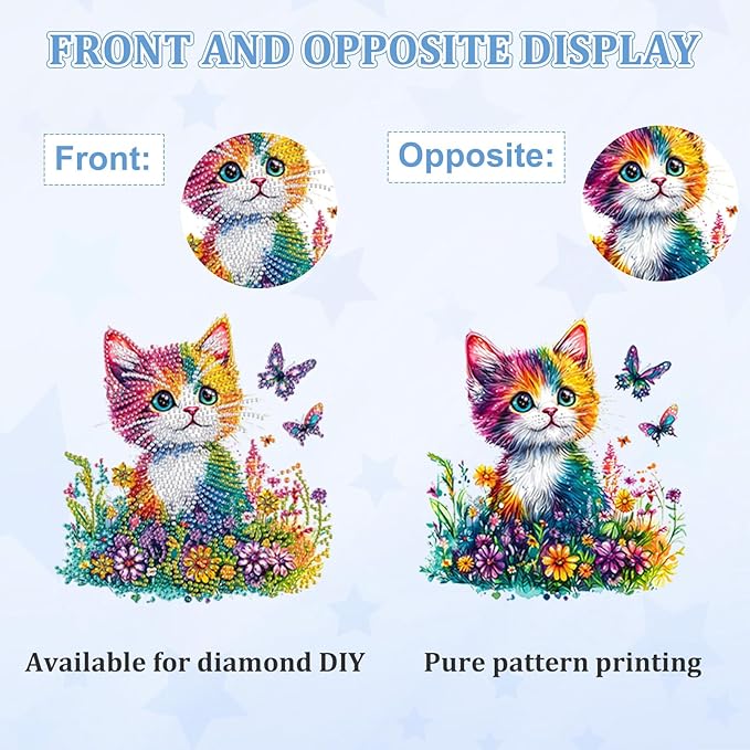 KEYIFA Diamond Painting Desktop Ornament, DIY Colorful Cat Diamond Art for Adults Beginner, Flower Gem Arts Table Decor Special Shaped Rhinestone Crafts Home Desk Decoration Gift, Double Sided