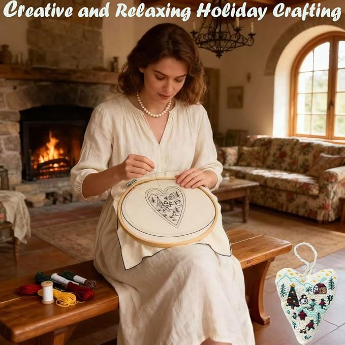 GDGJWL DIY Heart Shaped Hand Embroidered Christmas Ornament Kit Complete Craft Set with Pre-Printed Fabric Embroidery Thread Holiday Cross Stitch Decor for Beginners Adults and Home Decor (DIY)