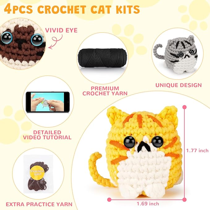 Crochet Kit for Beginners, 4-Pack Adorable Cat Crochet Kits, Beginner Crochet Kit for Adults Kid, Crochet Animal Kit for Starter w/ Step-by-Step Video Tutorials, Crochet Gifts for Cat Lovers