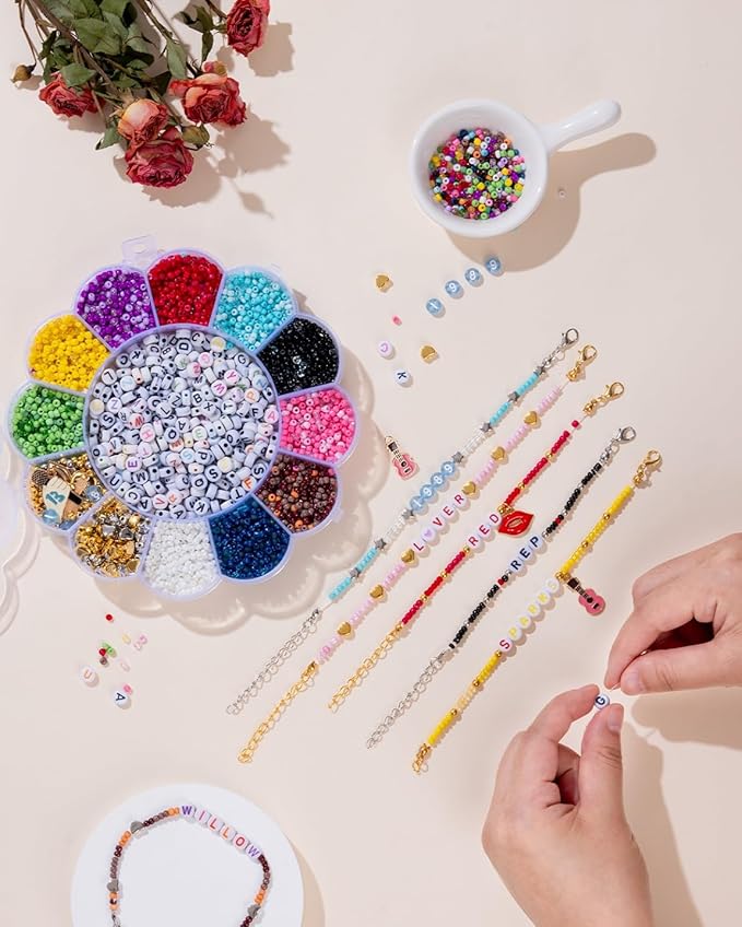 Goldwise ERAS-Inspired Friendship Bracelet Making Kit, 30 Colors 3mm Glass Seed Beads for Jewelry Making, A–Z Letter Beads with Charms & 13 Tattoo Stickers, Album Color Collection Gift Set