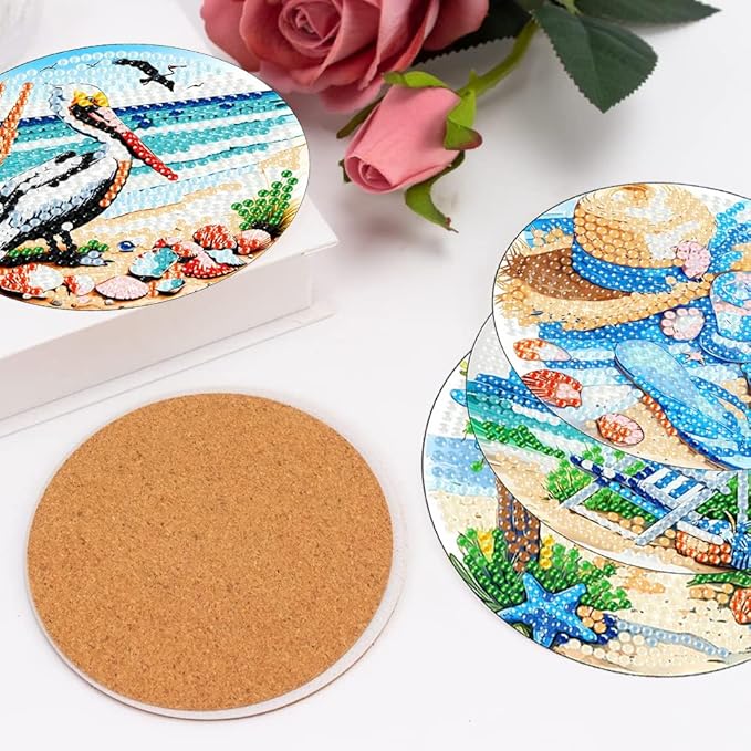 8 Pcs Beach Diamond Art Coasters Kit with Holder, DIY Beach Diamond Painting Coasters for Beginners Adults, Non Slip Diamond Art Kits Craft Supplies 4x4inch