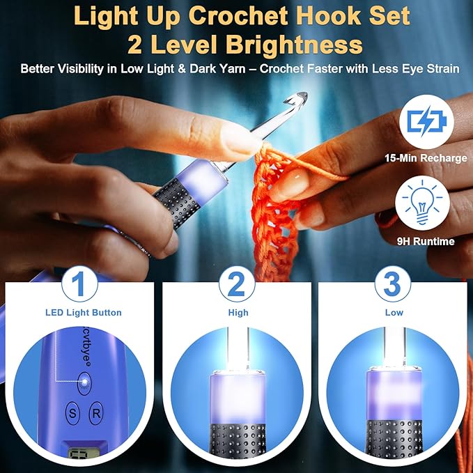 18 Size Light Up Crochet Hook Set with Digital Counter, Ergonomic Crochet Hooks for Arthritic Hands, 2.0–14.0mm Interchangeable Crochet Hooks with Case, Rechargeable and Beginner-Friendly