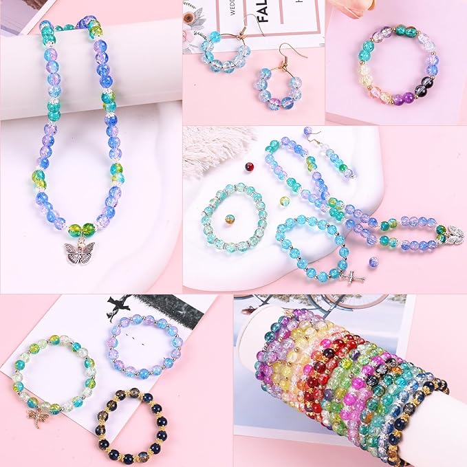 1800PCS 8mm Crackle Glass Beads Bracelet Making Kit, 48 Colors Glass Beads for Jewelry Making, Round Crystal Beads for Bracelets, Friendship Bracelet kit for DIY Crafts Gifts, 2 Box (Crackle Colors)