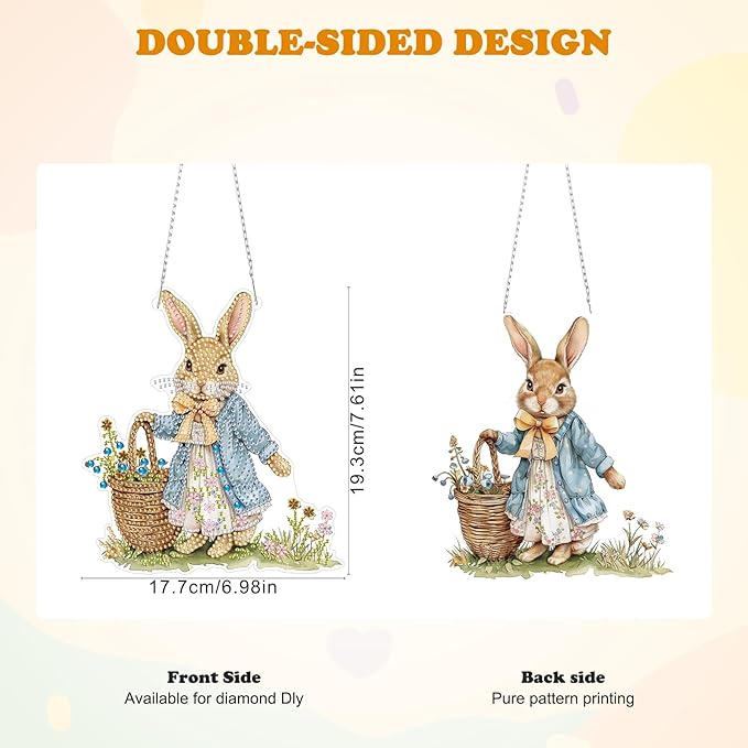 HEIBAGO Easter Bunny Diamond Art Hanging Kits for Adults, Diamond Art Suncatchers Rabbit, 5D Special Shape Diamond Painting Pendant, DIY Window Ornament Gifts for Home Garden Door Wall Decor 8.3x8.3In