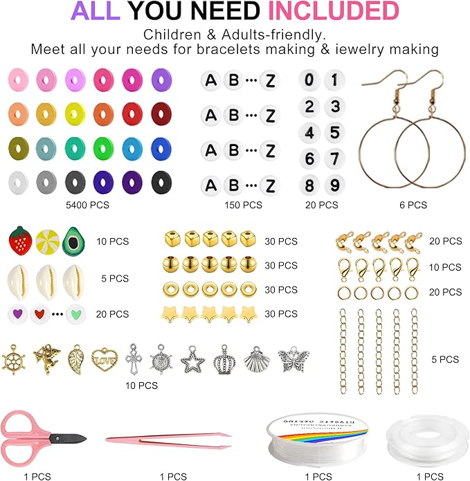 Redtwo 6200 Pcs Clay Beads Bracelet Making Kit, Flat Round Polymer Heishi Friendship Bracelet Jewelry Kit with Charms and Elastic Strings for Girls 8-12 Gifts for Kids