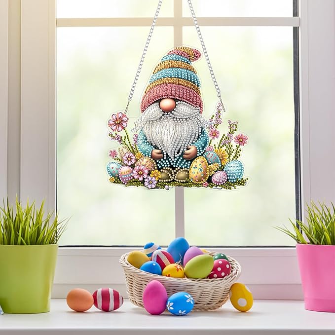 NAIMOER Easter Gnome Diamond Art Hanging Kits for Adults, 5D Special Shaped Rhinestone, DIY Acrylic Spring Diamond Art Painting Window Pendants Home Garden Wall Hanging Ornament Kits, Double Sided