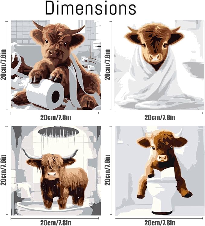 Canrichshop 4 Framed Highland Cow DIY Paint by Numbers Kit for Adults Beginner,Naughty Cow Easy Paint by Number on Canvas with Frame,Acrylic Painting Kit Adult for Decor 8x8inch