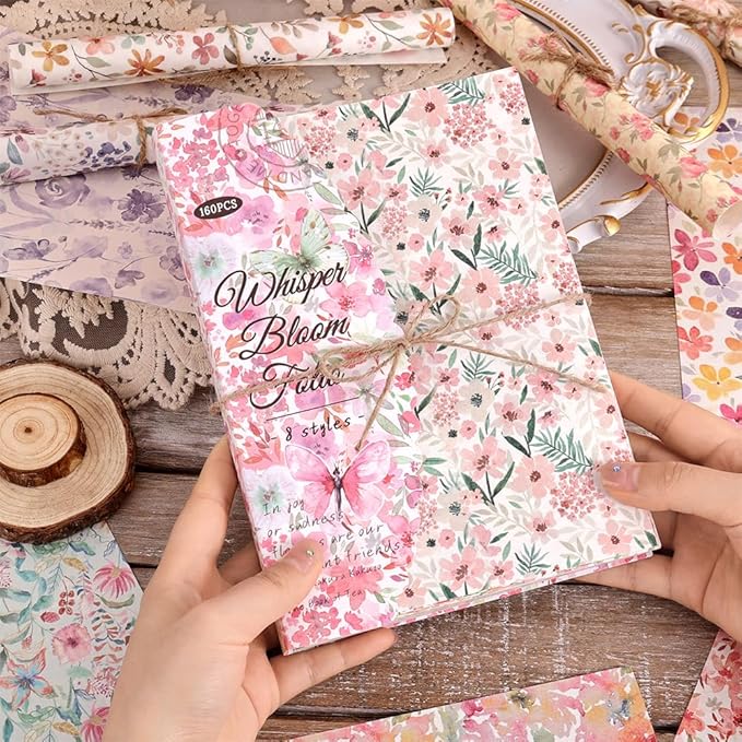 160 Sheets of Pink Flower Scrapbook Paper, journaling Scrapbook Supplies Craft Collage Paper Set, Junk Journal Bullet Journal Poster Room Decor for Card Making Decorative Gifts