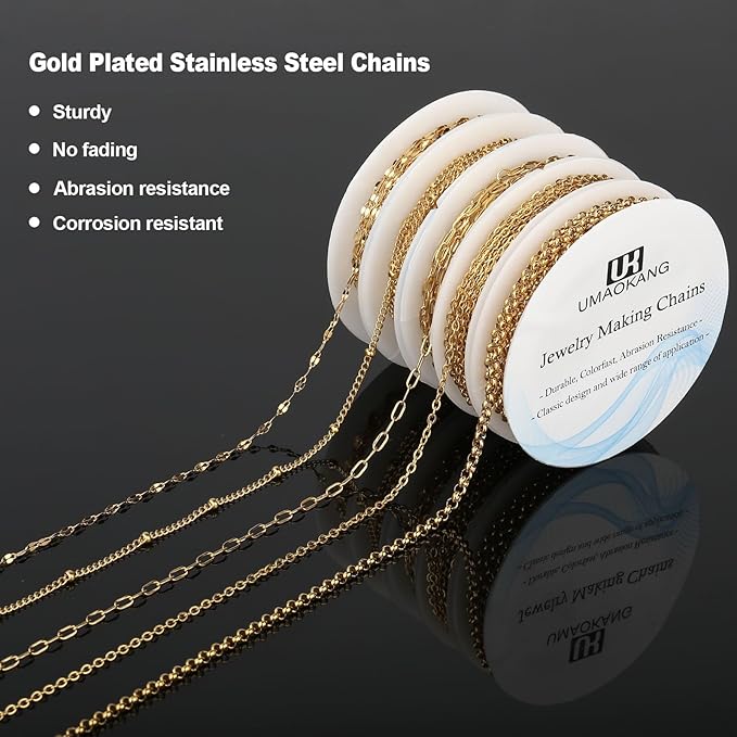 UMAOKANG 5 Rolls 39.4 Feet Gold Plated Stainless Steel Chains for Jewelry Making Dainty Jewelry Making Chains Bulk with Jewelry Findings