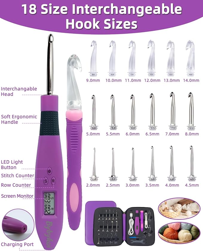 Light Up Crochet Hooks Set-18 Sizes Digital Crochet Hook with Counter 2.0~14.0mm, Ergonomic Lighted Crochet Hooks for Stitch & Row Counting