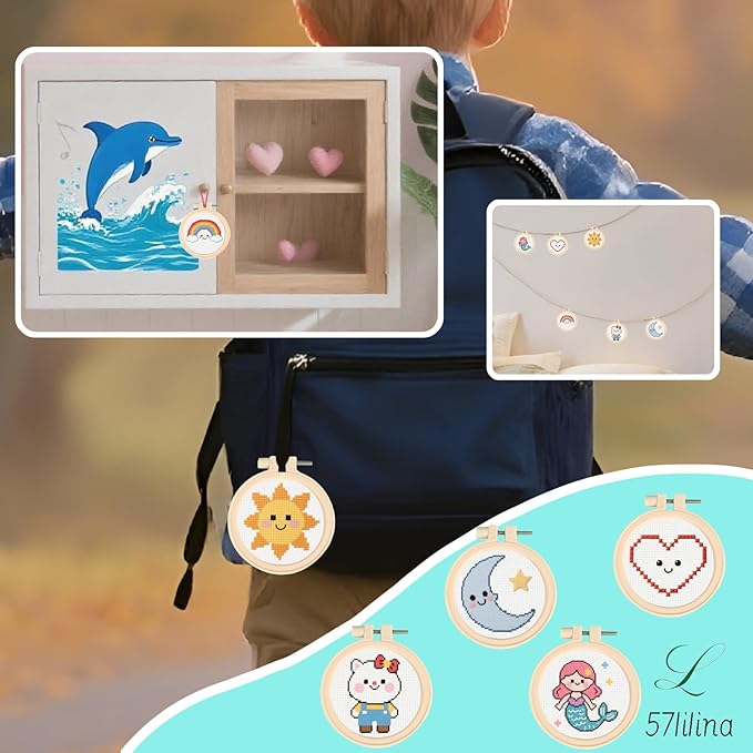 57lilina Cross Stitch Kits for Kids - 6 Set Easy Beginners Embroidery Kit for Kids, DIY Cute Pre Printed Stamped Crossstitch Needlepoint Patterns Craft for Backpack Charms, Keychains & Girls Gifts