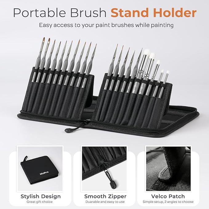 Nicpro Miniature Paint Brushes Dry Brush - 20PCS Model Paint Brush Set with Nylon Case for Acrylic, Oil, Watercolor, Detail Paint Brush Drybrush for Model, Miniature Painting, Paint by Numbers, Craft