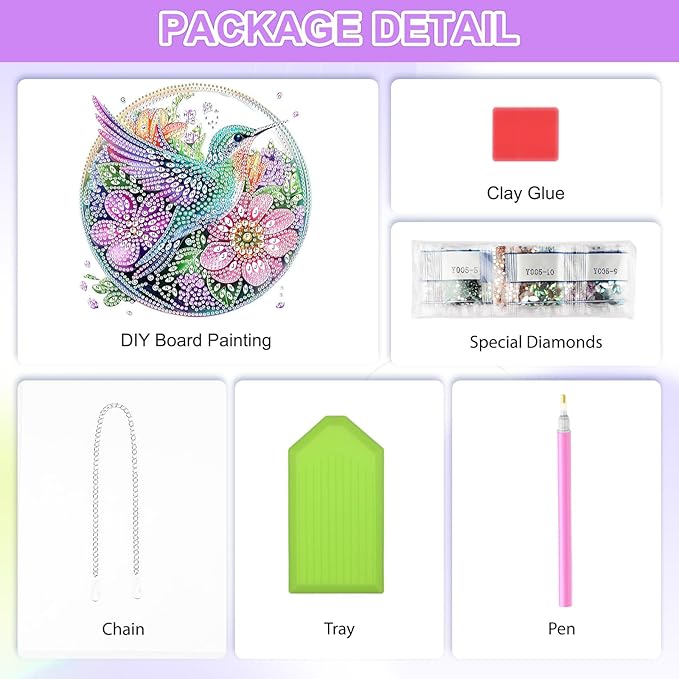 QENSPE Diamond Art Hanging Kits for Adults, 5D Hummingbird Special Shape Diamond Paingting Ornaments with Chain, DIY Flowers Crystal Window Pendants for Home Wall Decor Double Sided 8X8 inch