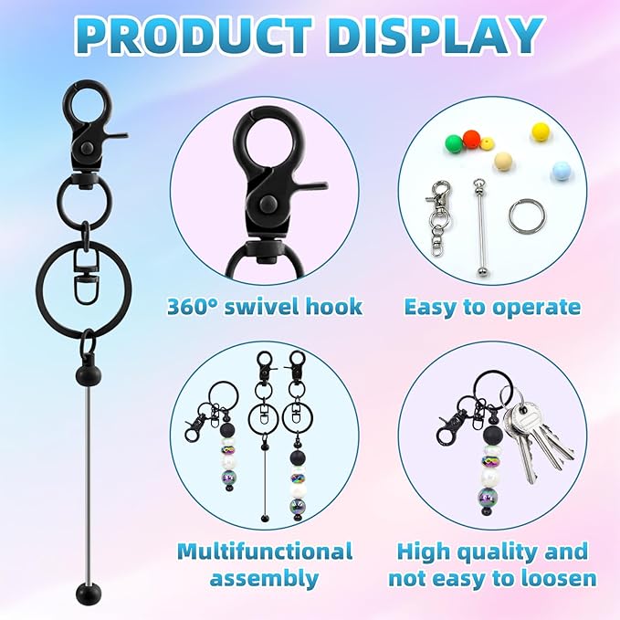 60 Pcs Beadable Keychains Bulk Kit – DIY Keychain Making Supplies with Metal Blanks for Crafts, Jewelry, Charms, Custom Projects – Blank Chain Bars for Beaded Keychain Design (Black)